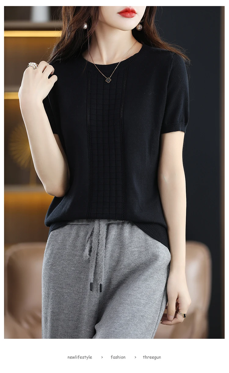 Women's T-Shirt Summer New 100% Cotton Pullover Short Sleeve Casual Solid Color Knit Crew Neck Ladies Tops Tees Blouse
