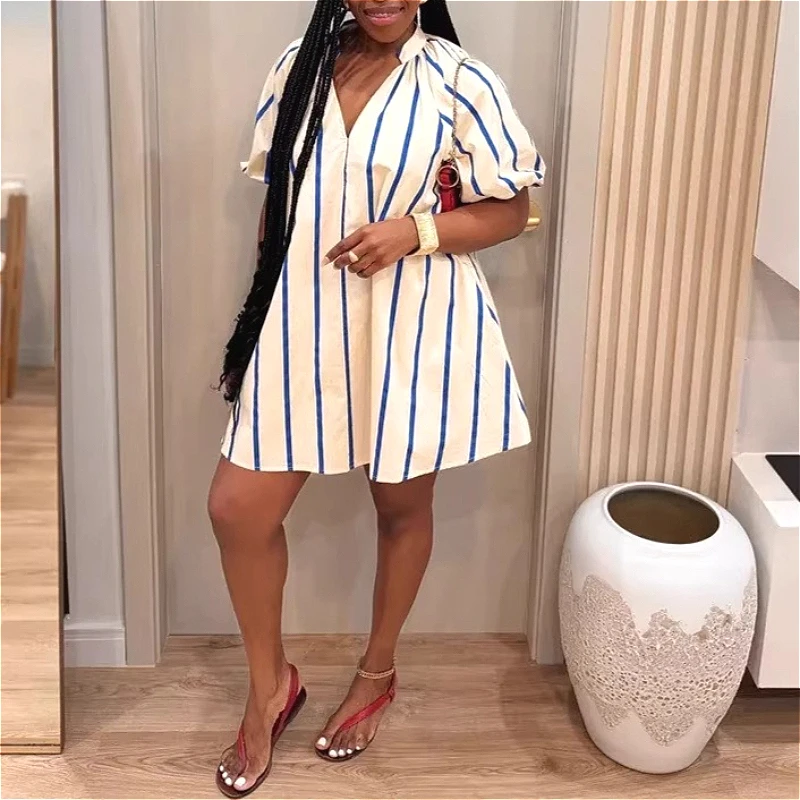 

Dress Women Short Dresses A Line Vestidos Y2k Streetwear Elegant Splice Party Night Work V Neck Puff Sleeve Striped 2026 Spring