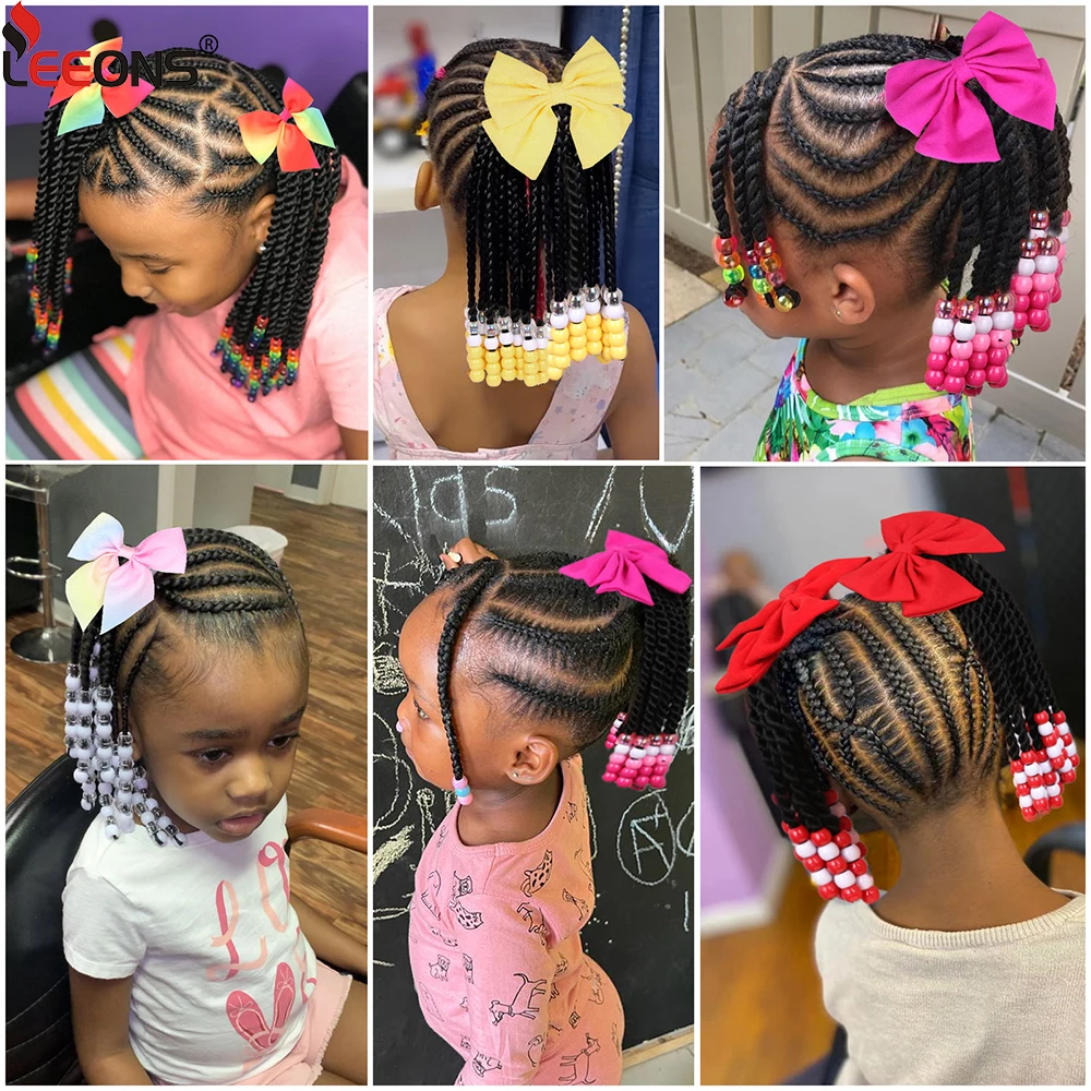 وصلات شعر على شكل ذيل حصان للأطفال مع ضفائر خرز وصلات شعر صناعية للأطفال مع أقواس تصفيفة شعر عصرية للفتيات