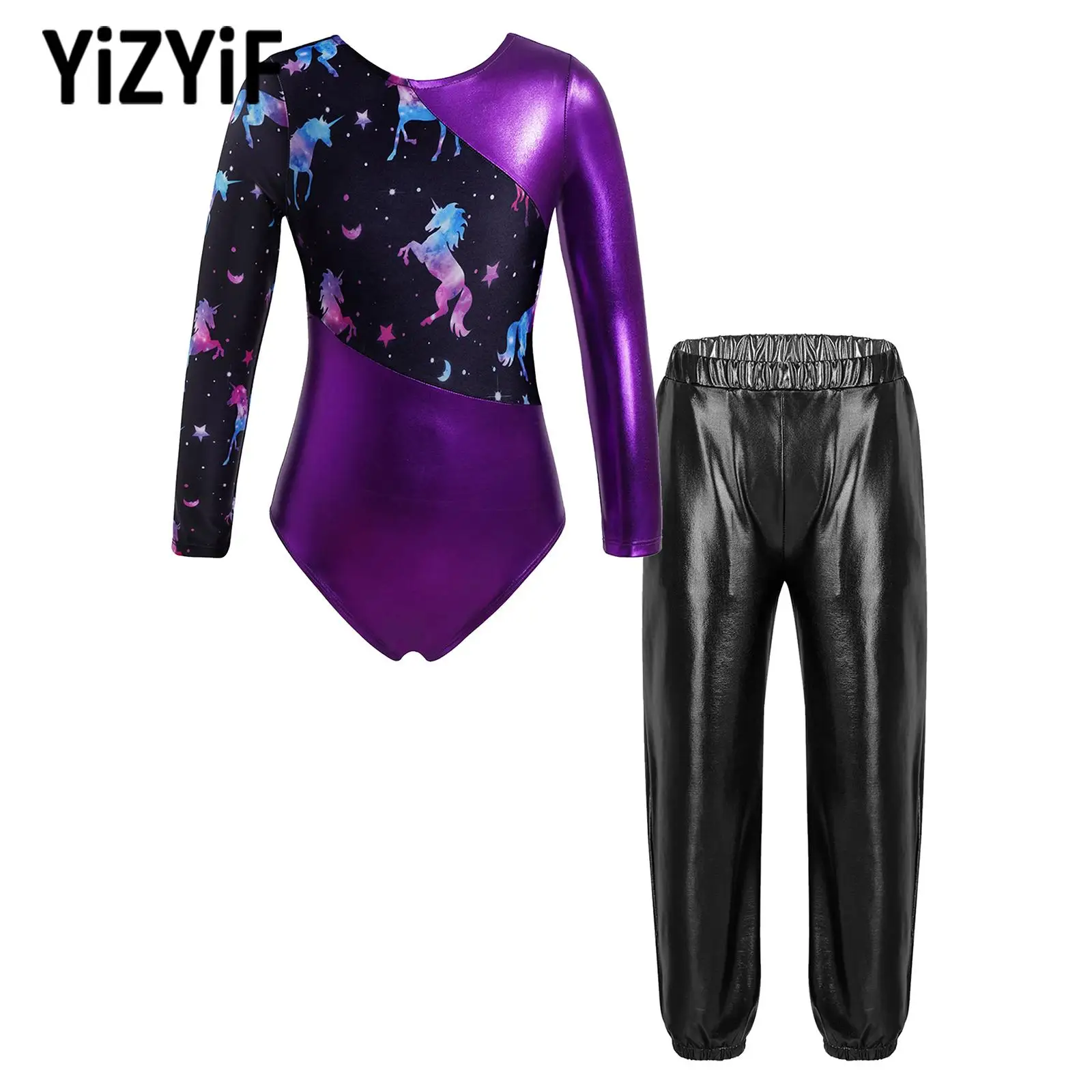 Girls Kids Dance Outfits Gymnastics Sport Dancewear Long Sleeve Metallic Dance Leotard Bodysuit with High Waist Pants Sportswear