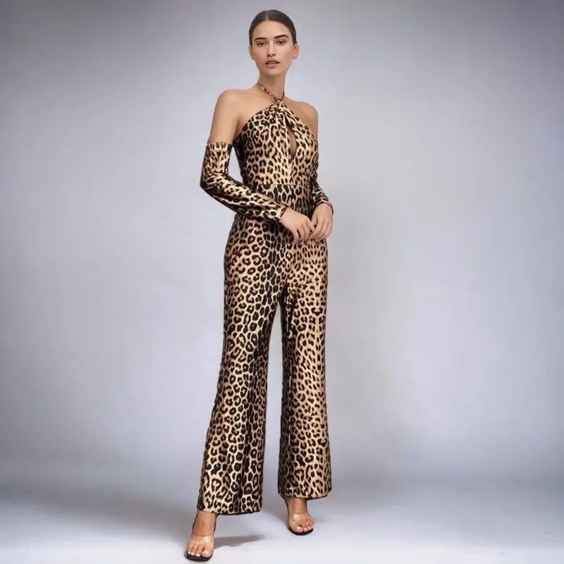 

High Waist Straight Leg Pants Long Pants Belted Leopard Print Rer Jumpsuit Middle East Cross Border Netie