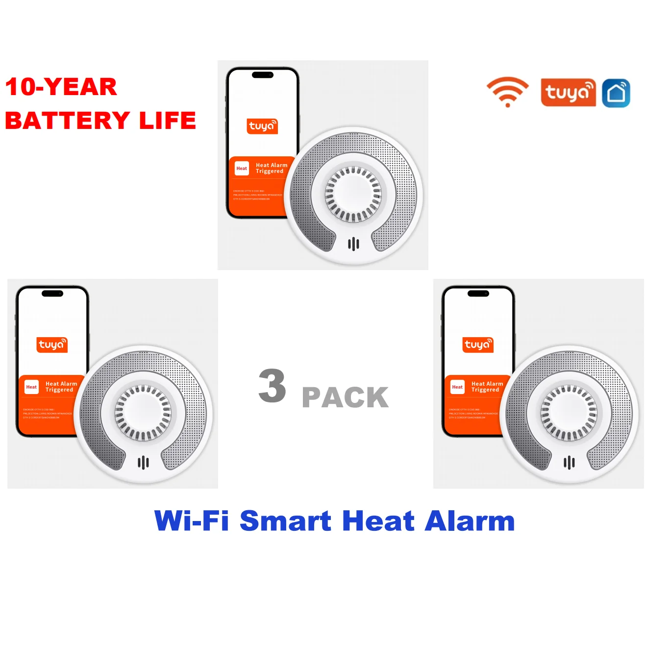 Tuya Smart Heat Detector with Tuya App control, Tuya Smart Heat Alarm with Sealed 10-Year Li-Battery, BS 5446-2, VH03W, 3-Pack