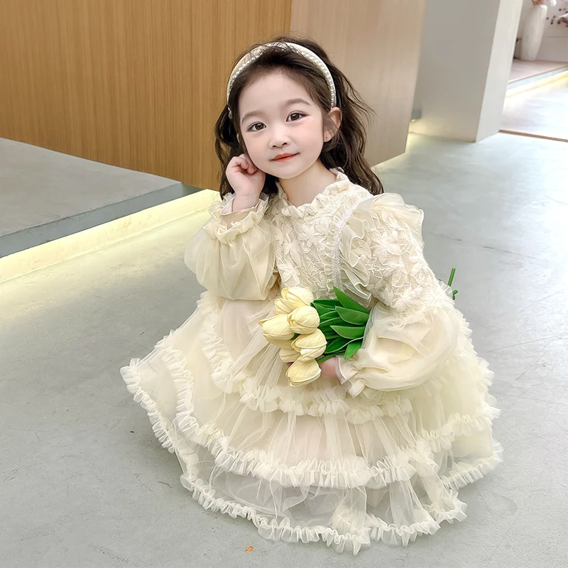 

2-10 Years Kids Clothing Spring Baby Girls Dress Children Clothes Floral Puffy Dresses Lace Voile Birthday Party Princess Dress