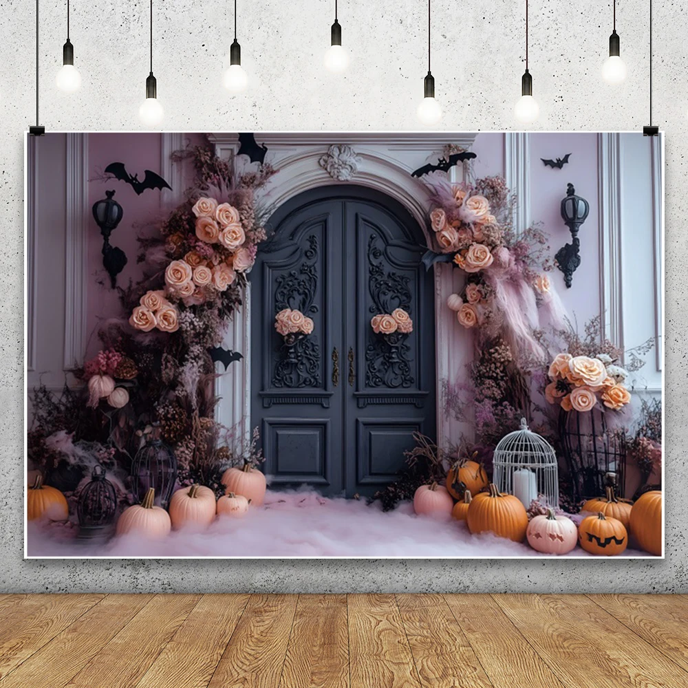 Happy Halloween Photography Backdrop Horror Castle Palace Wall Wooden Door Pumpkin Bats Halloween Party Decor Photo Background