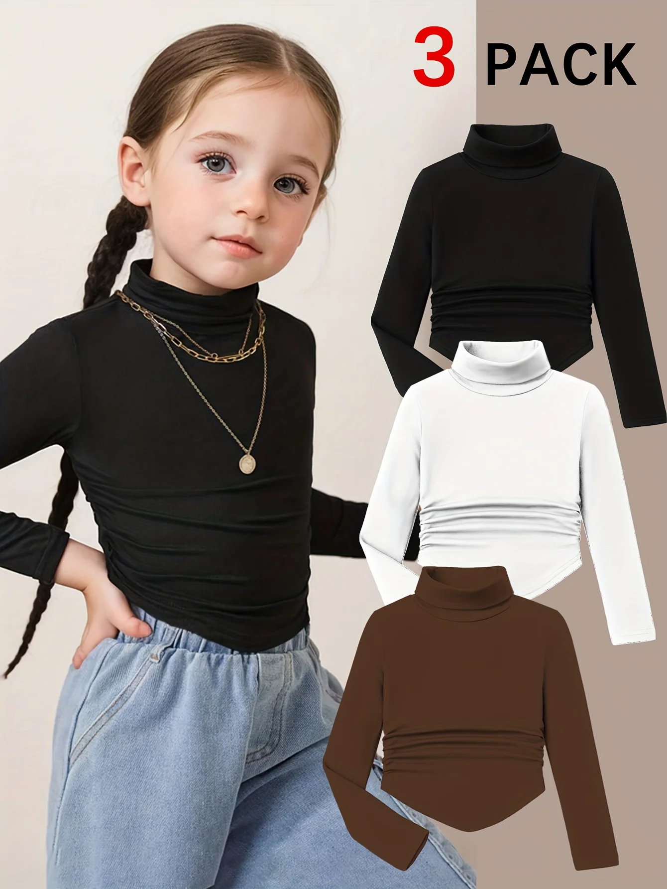 Rollkragenpullover für Mädchen in Schwarz, Weiß und Braun, ein vielseitiges warmes Langarm-Oberteil für Herbst und Winter, schmal geschnittenes Design, geeignet für Schule, Alltag und zum Schichten, für Kinder im Alter von 4-12 Jahren – Detail 1