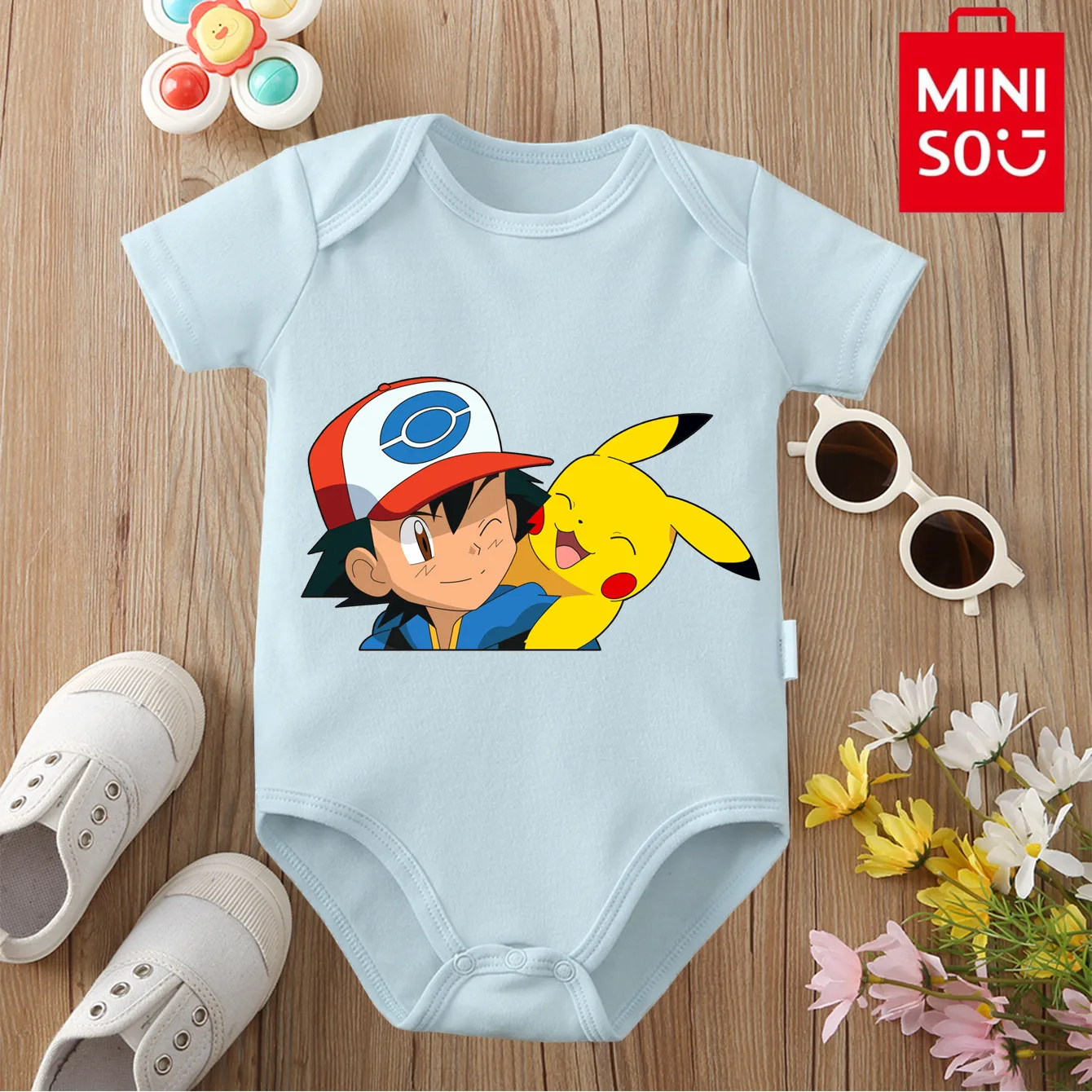 

MINISO 100% хлопок Пикачу Кетчум с милым принтом, удобная ткань, боди для ребенка, комбинезон для новорожденных от 0 до 12 месяцев