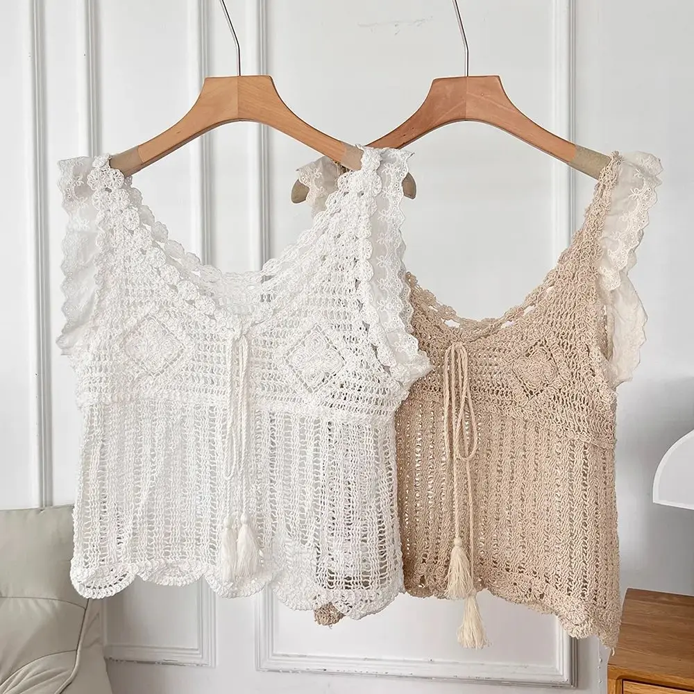 Fringed Crochet Women Tank Top Lace Flutter Sleeve Casual Summer Vacation Bohemian Style Beach Vest