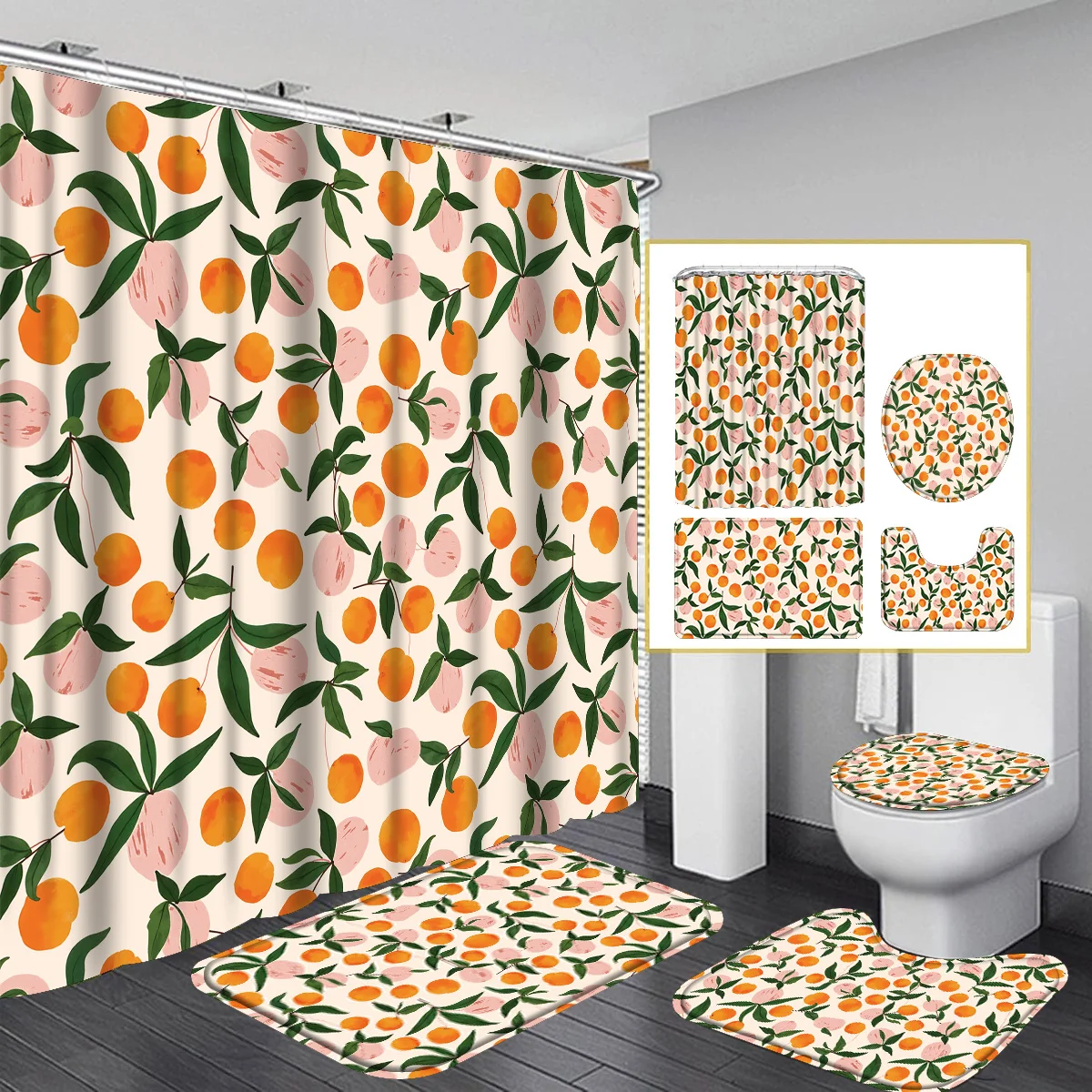 Home Bathroom With Two Toilets - 愛らしいピーチ柄のシャワーカーテン4枚セット、フルバスルーム装飾：フルーツ柄のシャワーカーテン（フック12個付き）と滑り止め付きトイレ蓋カバー2個、自宅のバスルーム装飾用、感謝祭、クリスマス、誕生日プレゼントに最適