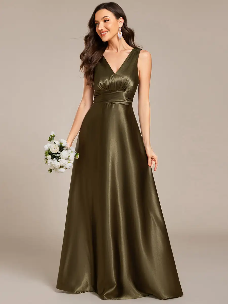 

Elegant Evening Dresses Deep V-Neck Empire Waist Satin Pockets Floor Length 2025 Ever Pretty of Olive Green Bridesmaid dress