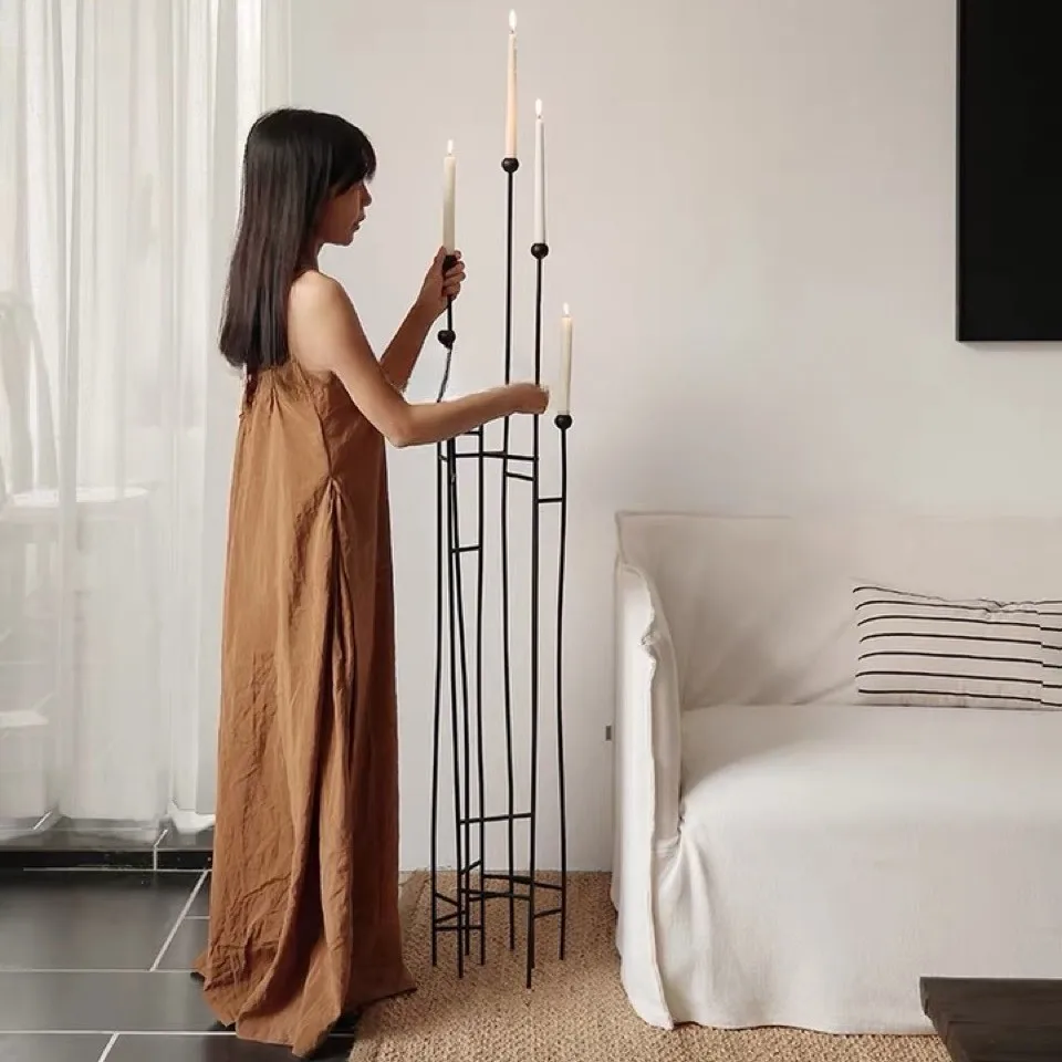 Floor-to-ceiling candlestick lamp holder wabi-sabi wind wrought iron multi-head scented candle stand retro zen ornament home