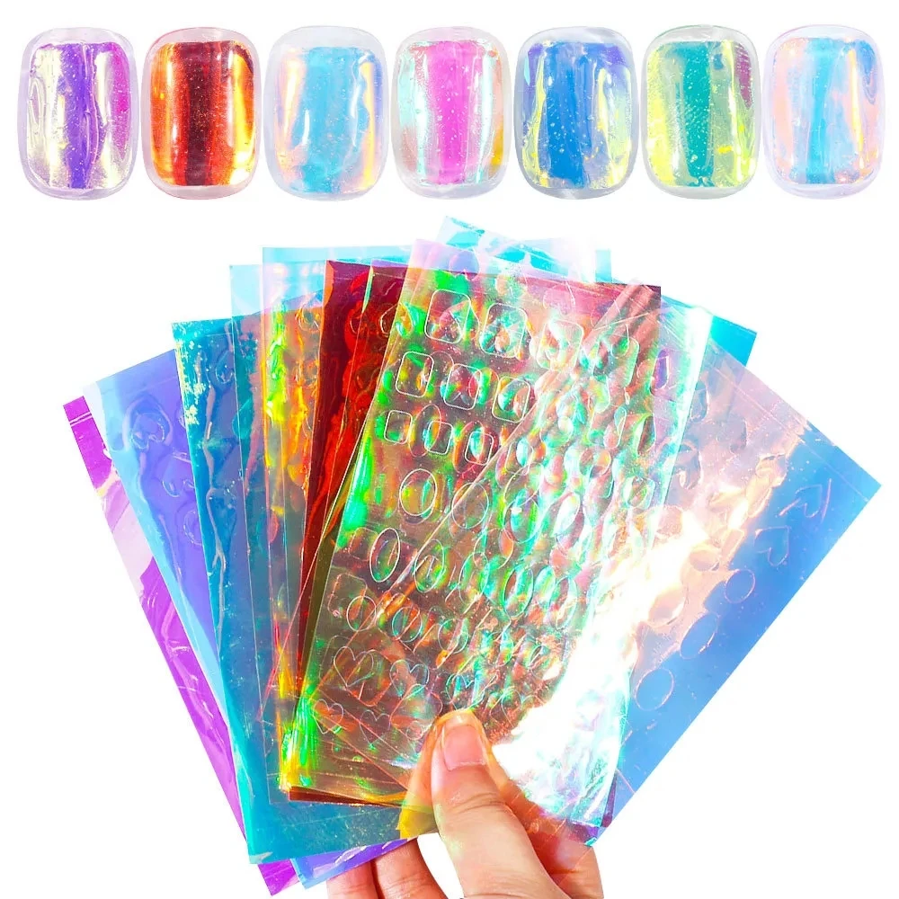 16/12/11Pcs Ice Aurora Foil Film Nail Sticker Laser Ice Cellophane Adhesive Paper Wraps For Nail Art Decorations Manicure Slider