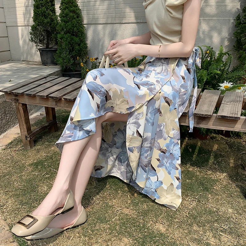 

One-Piece Floral Chiffon Tie Midi Skirt for Women, New Summer Beach , Strapless , Vacation Long Thin Dress
