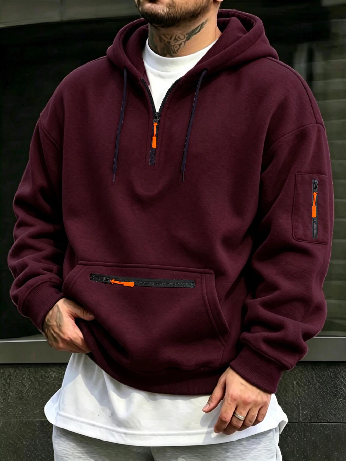 Fall Carnival Sale 1 Pack Men's Soft Warm Fleece Half-Placket Hoodie with Dual Functional Pockets, American Casual Style, Loose