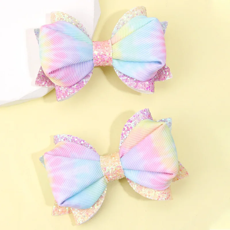 2Pcs Glitter Hair Bow Clips Ice Cream Bowknot Hairpin Handmade Ribbon Hairpins Barrettes Girs Hair Clip Korea Hair Accessories