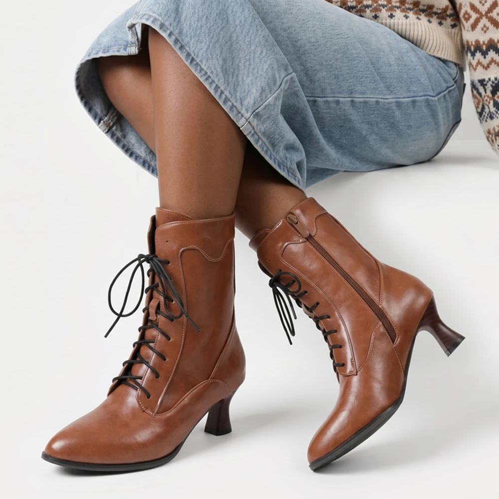 Women Victorian Ankle Boots 32‑50 Large Size Lace‑Up Wine Glass Heel Side Zipper Retro PU Fashion Boots 7750