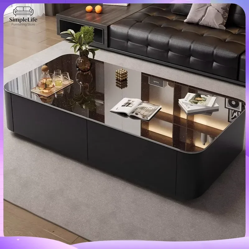 Modern Black Rectangle Coffee Table with Hidden Storage Drawer Shiny Surface Luxury Living Room Furniture for Apartment Home