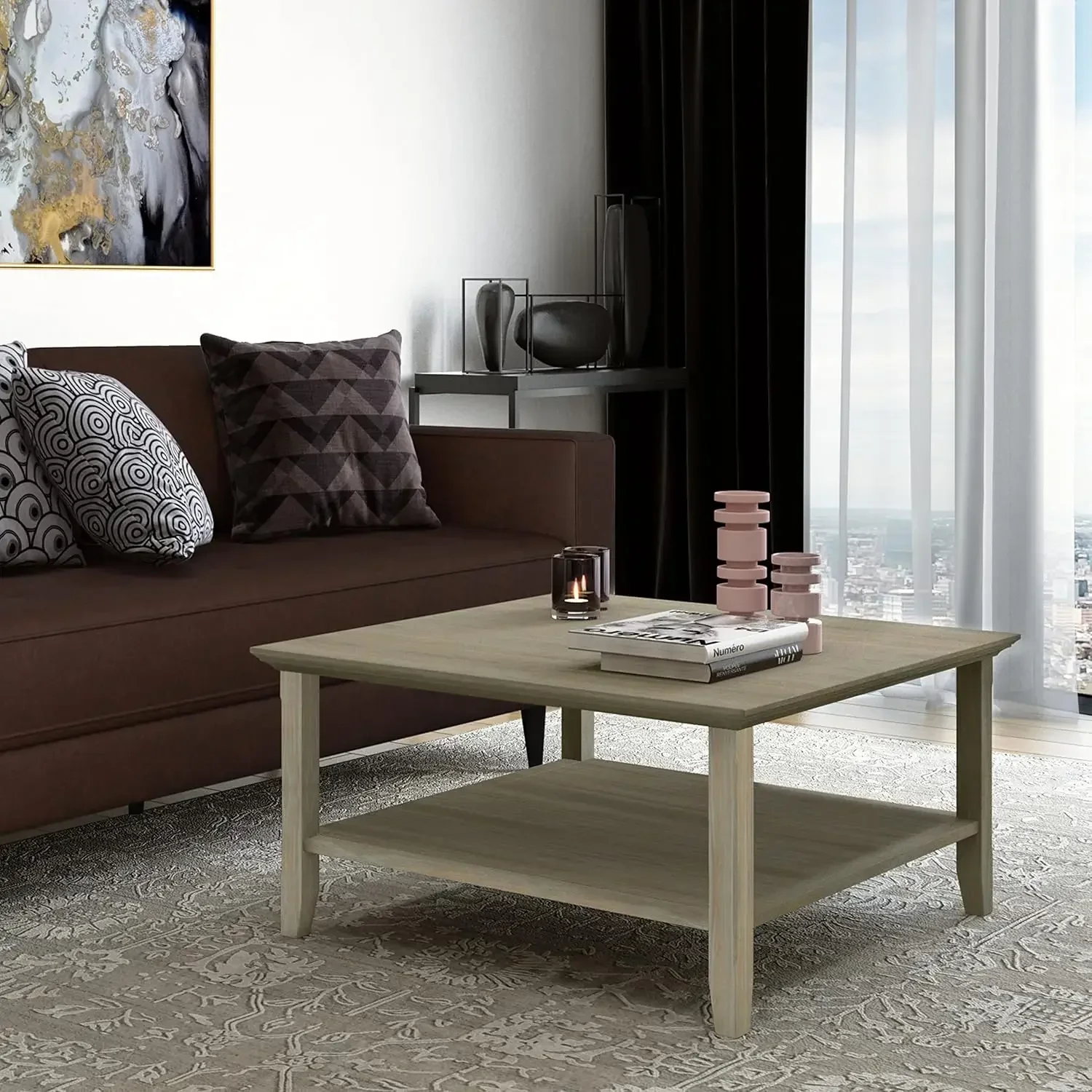 Acadian SOLID WOOD 36 inch Wide Square Transitional Coffee Table in Distressed Grey, for the Living Room and Family Room