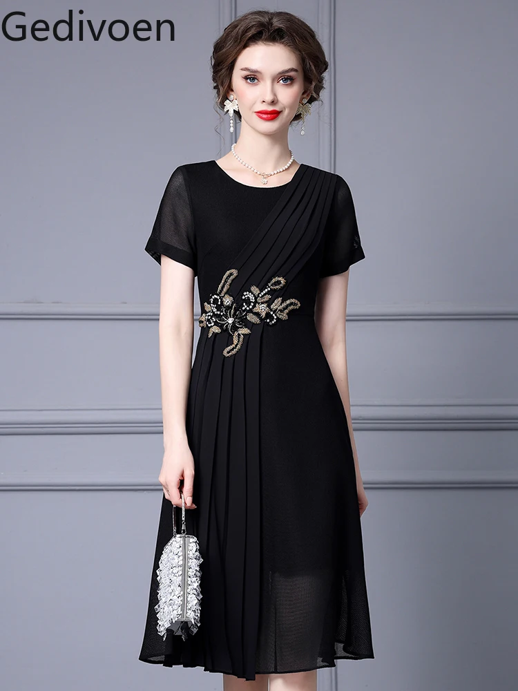 

Gedivoen Summer Fashion Runway New Designer O-Neck Collar Embroidered Flares Floral Elegant Chinese Style A-LINE Dress