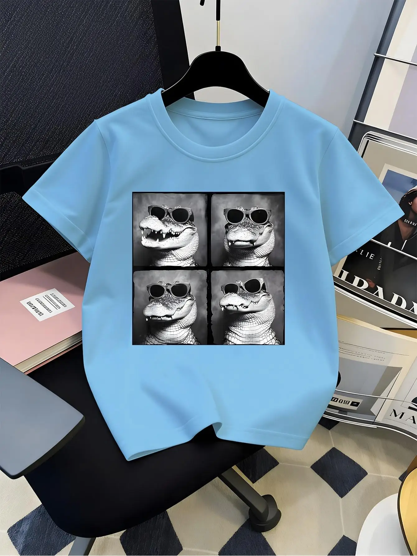 Cool Crocodile Wear Four Grid Black White Graphic Tee Boys Girls Family Matching Casual Parent Kids Animal Short Sleeve Outfit
