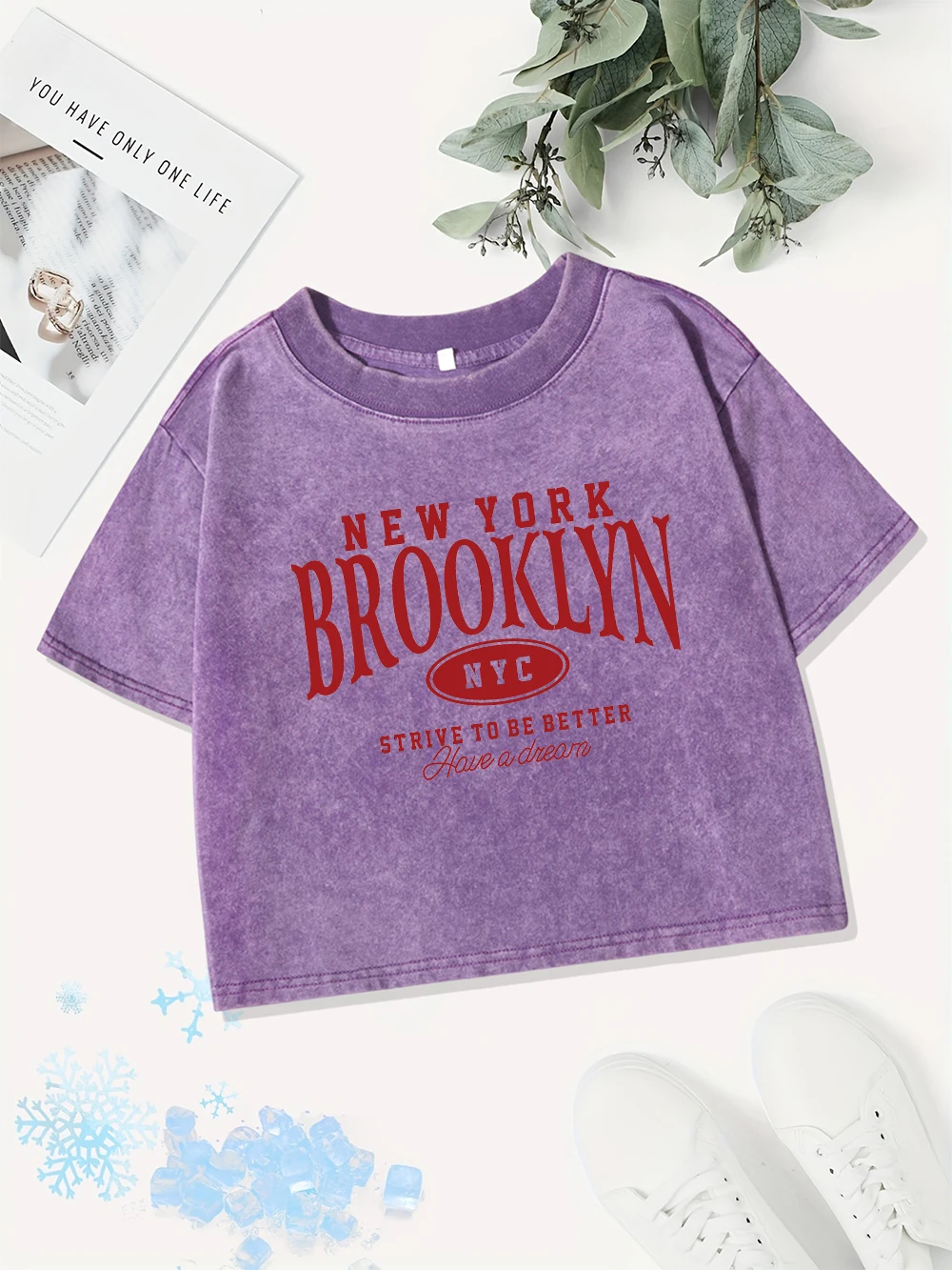 Sommer Baumwolle Crop Tops Damen New York Brooklyn Nyc Drucke gewaschene T-Shirts Straße O-Ausschnitt Regular Fit Streetwear Freizeitkleidung