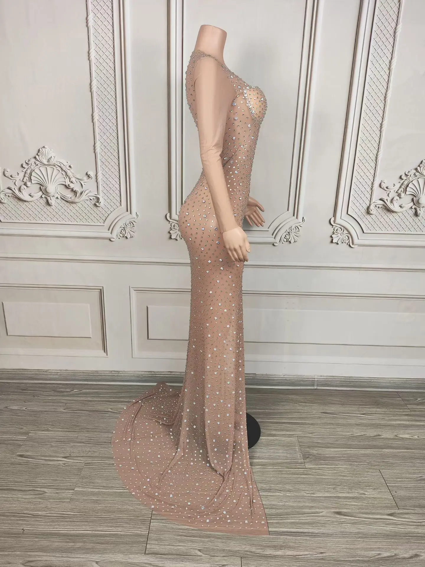 Elegant Nude Mesh High Side Slits Floor-length Dress Sparkly Rhinestone Evening Dress Gala Prom Red Carpet Evening Gown Haifeng