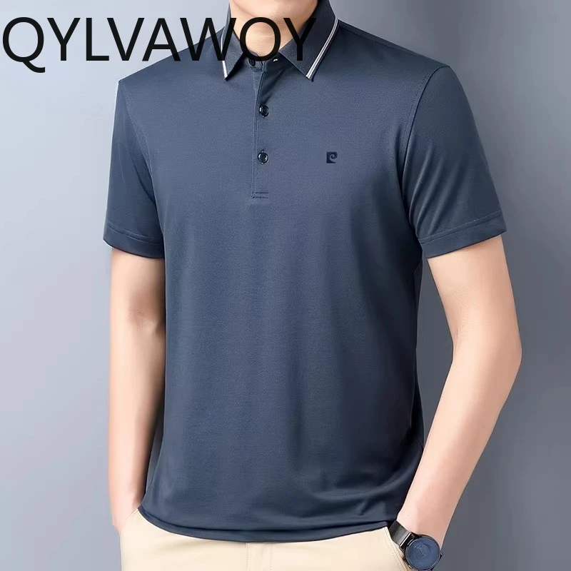 QYLVAWOY Men's Polo Shirts Loose 100% Mulberry Silk T Shirts for Man Short Sleeve Ironless Lapel Tops Summer Ropa De Hombre