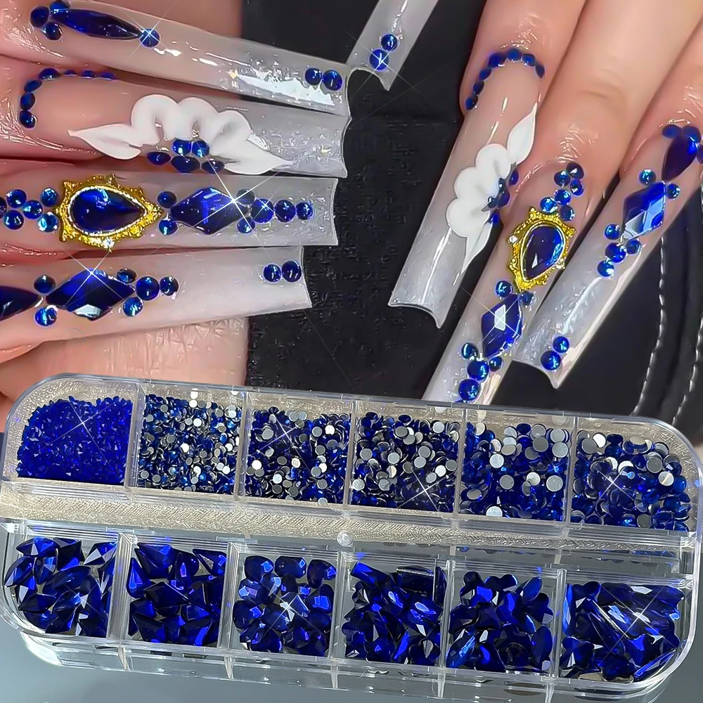 2000 sztuk+ Kryształki do zdobienia paznokci w różnych kształtach, czerwone, szklane diamenty K9, czerwone okrągłe koraliki, ozdoby do paznokci, 12 przegródek, płaskie elementy do paznokci