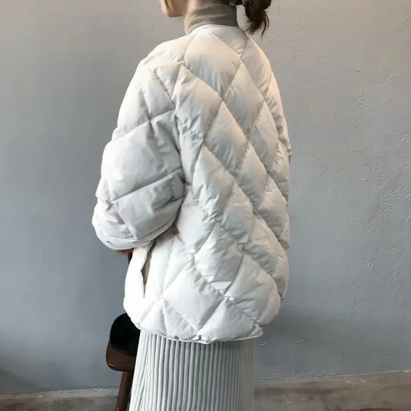 Fashion Short Women 2023 Winter New Student Korean Version Loose Diamond Check Cotton-Padded Coat Thick Bread Solid Color Jacket