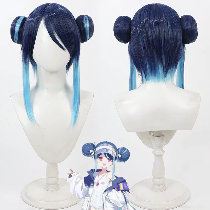 משחק ארכיון כחול Nemugaki Fubuki Cosplay Wig תפקיד משחק בגדי ים Wig Double Ponytail Bun Head עבור הלווין קרנבל