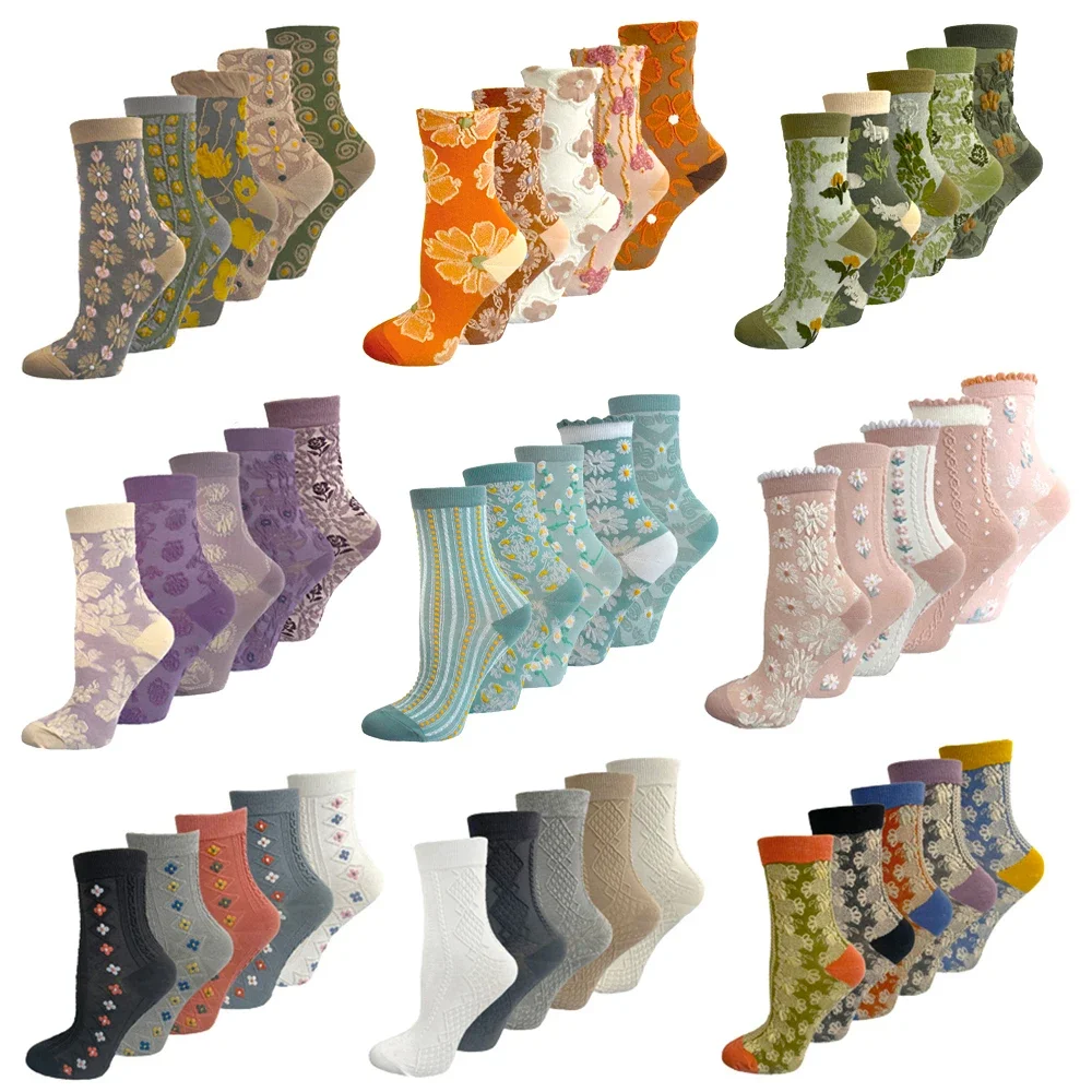 

5 пар/компл. женские модные винтажные носки с цветочной вышивкой, 3D текстурированные носки с цветочным принтом, носки в стиле ретро, средние носки-трубы