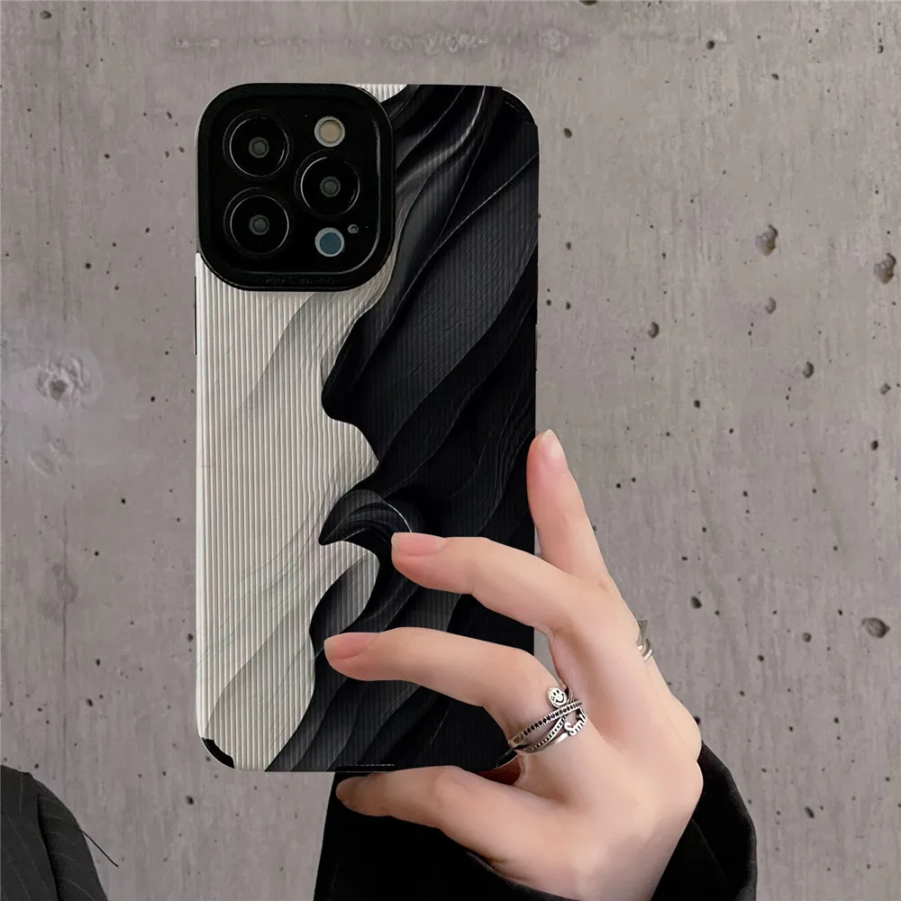 Ottwn Black and White Splicing Pattern Case For iPhone 15 11 12 Pro Max XR XS Max 7 8 14 Plus Soft Shockproof Back Bumper Cover