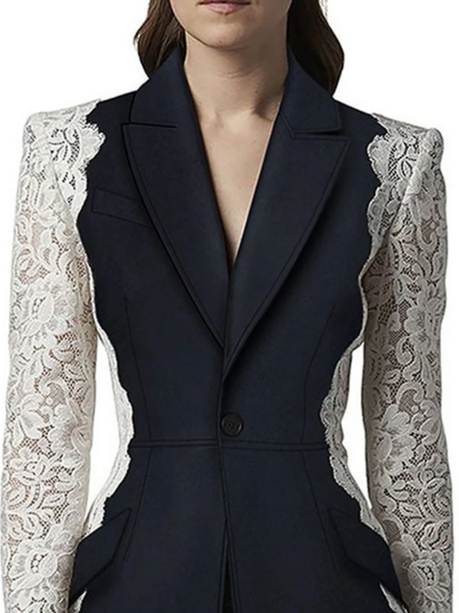 Lace Streetwear Chic Stitching Blazer Coat for Women 2023 Early Spring New Fashion Retro Style Temperament Black Suit Jacket Top