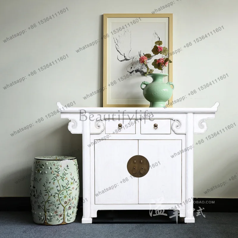LS modern new Chinese-style solid wood simple white warped head two-door cabinet antique classic old decorative entrance cabinet