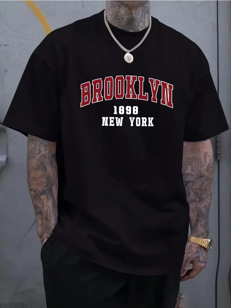 Men's Summer 100% Pure Cotton Fashionable Casual Loose Sports Brooklyn 1898 New York Printed Round Neck Short Sleeved T-shirt