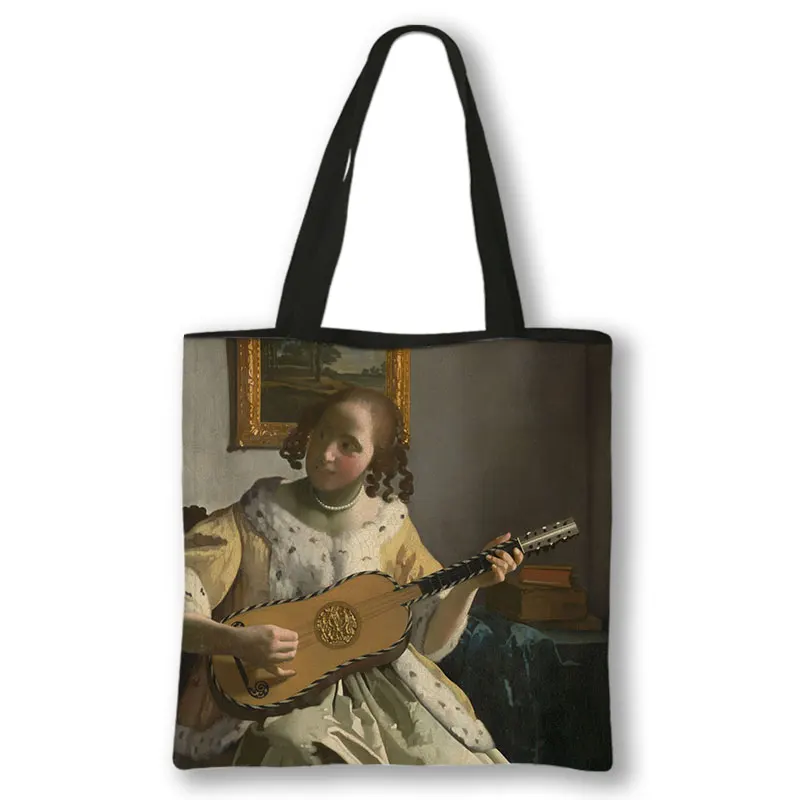 Oil Painting By Johannes Vermeer Print Shoulder Bag Girl with a Pearl Earring Totes Bags Women Reusable Canvas Shopper Bag Gift