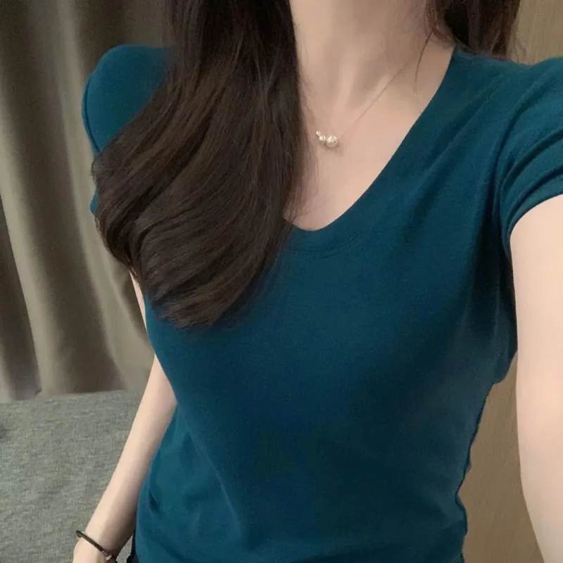 Women Short V Neck T Shirt Slim Fit Y2K Basic Short Sleeve Top Summer Ins Trendy Versatile Tee S-4XL