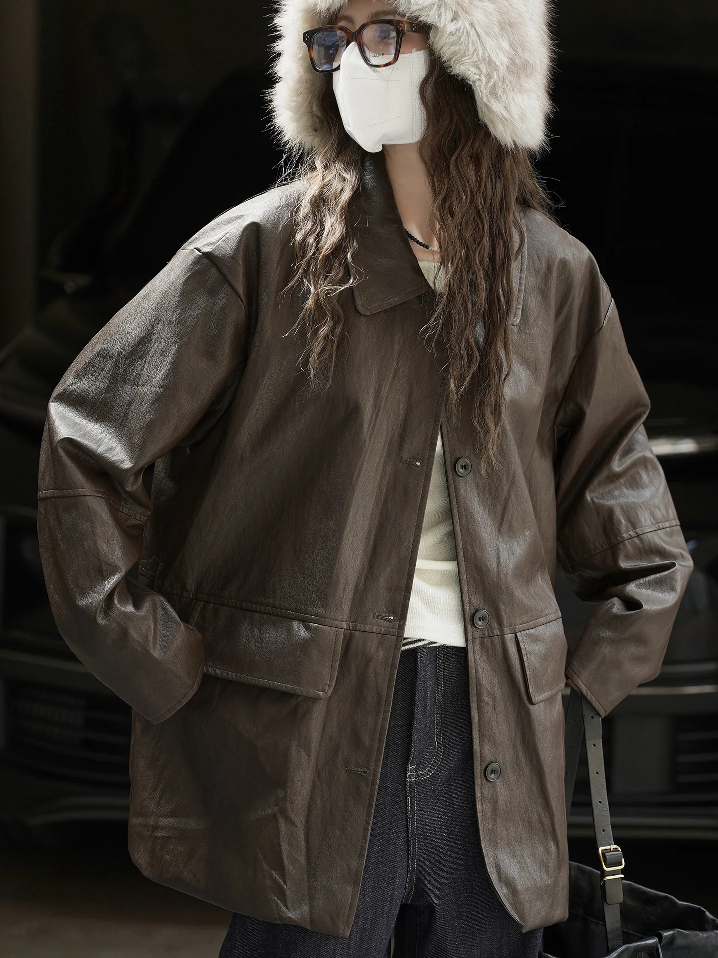 Winter New Korean Style Trendy PU Leather Jacket Loose and Slimming Collar Coat for Women