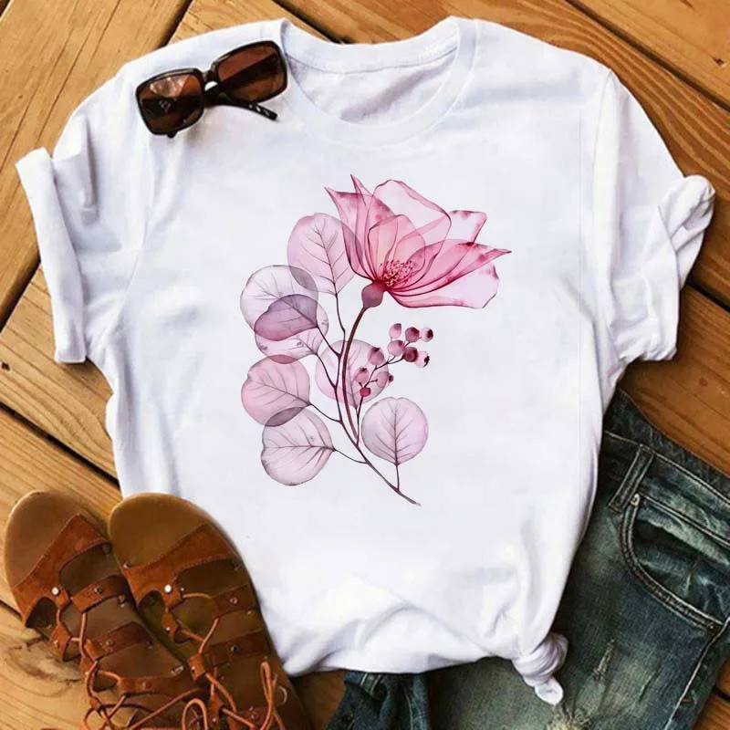 Maycaur New Watercolor Floral Print Women Tshirt Harajuku 90s Streetwear Short Sleeve T Shirts Cartoon Casual Woman Tops Clothes