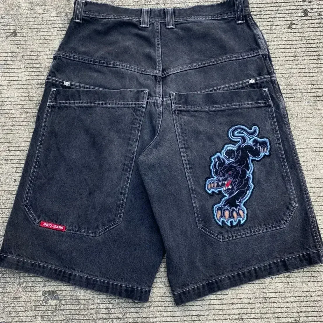 JNCO Jeans larghi Y2K Hip Hop ricamo gotico pantaloncini di Jeans Vintage uomo donna estate nuovi pantaloncini da basket Harajuku Streetwear