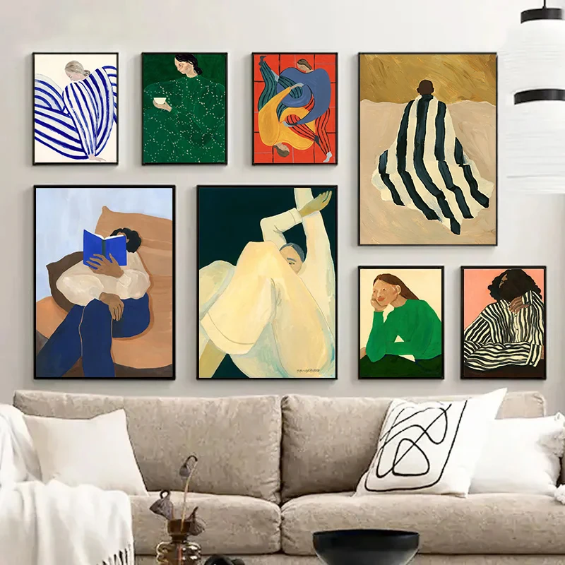 Abstract Nordic Figure Lines Girl Reading Book Posters Prints Wall Art Canvas Painting Blue Strip Wall Picture Home Room Decor