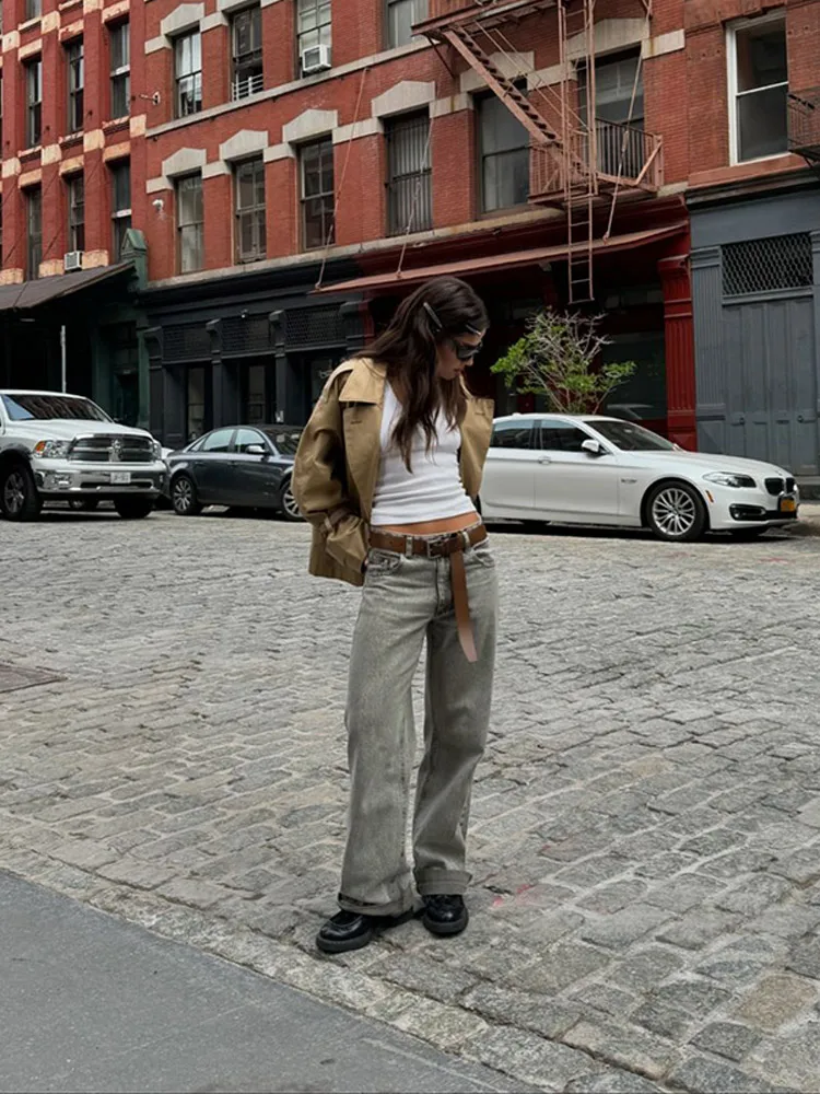 Gabardina corta de doble botonadura para mujer, abrigo informal de manga larga con solapa, holgada Chaqueta corta a la moda, otoño, 2024