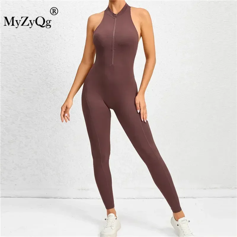 MyZyQg Zipper One-piece Yoga Jumpsuits Sports Bodysuit Hollow-out Back Running Fitness Pilate Gym Ballet Dance Aerial Jumpsuits