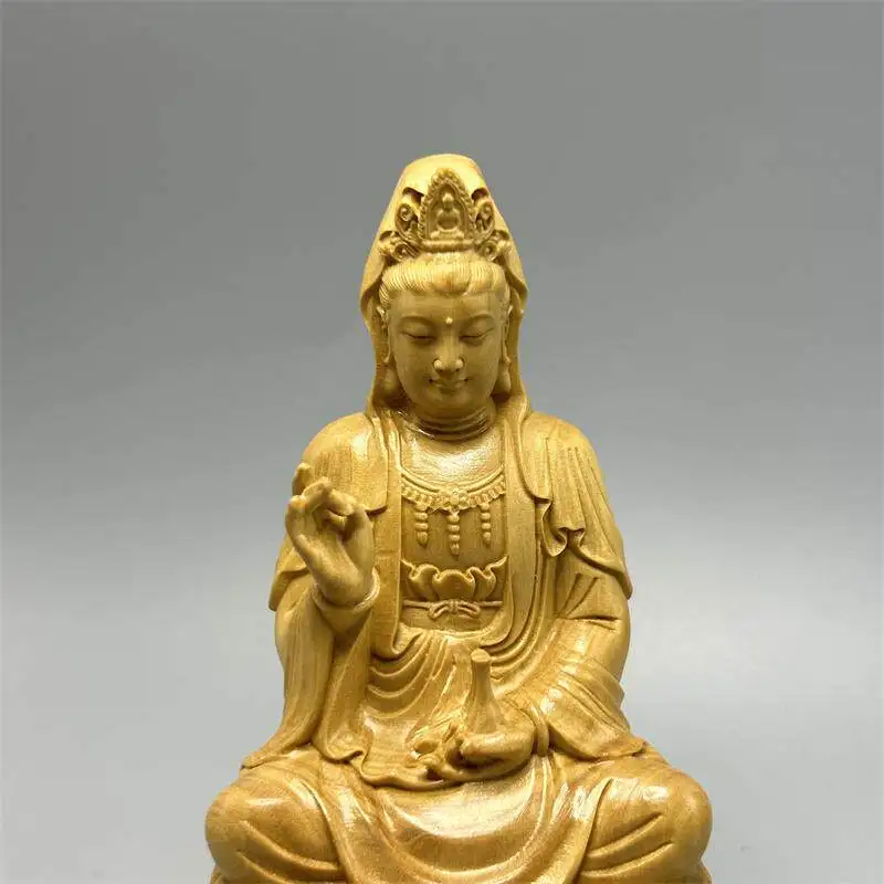 Boxwood Guanyin with Child Small Figurine Traditional Carved Bodhisattva Artwork for Bookshelf Decor and Meaningful Gift Giving