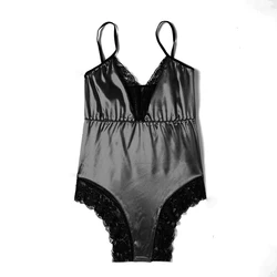 Women's Spaghetti Strap Dress Solid Color V-Neck Lace Backless Sexy Lace up Black Home Wear Satin Pajamas