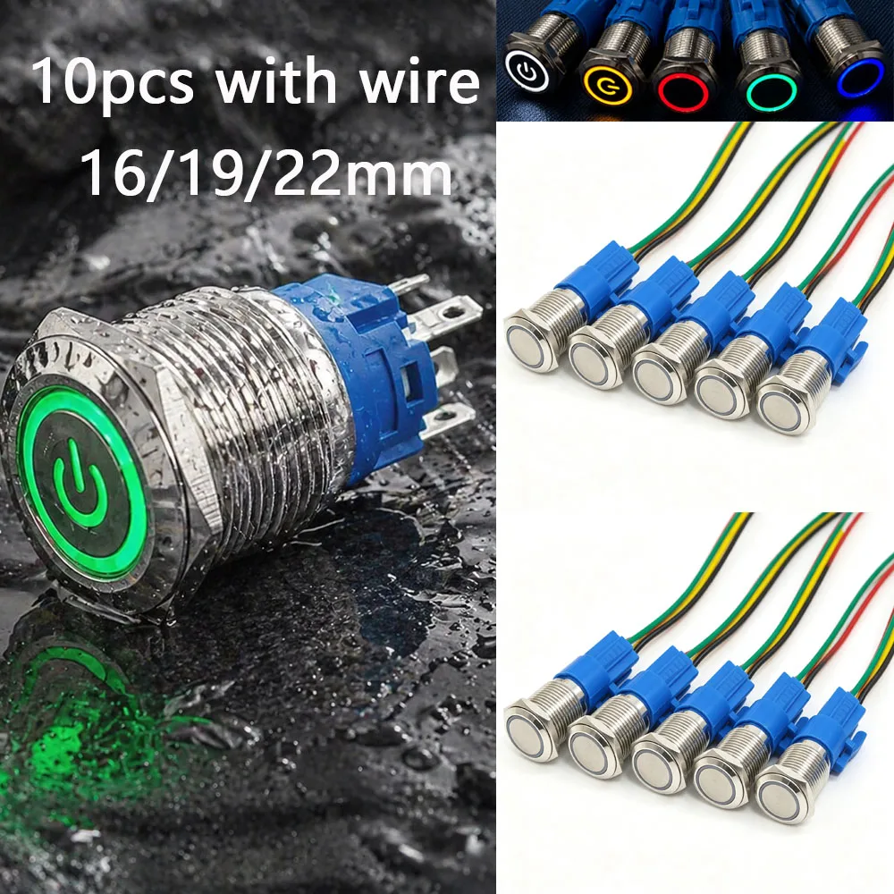 

10pcs Momentary Switch 12v Metal Push Button Latching 16mm 19mm 22mm Red Blue LED Light Start Stop PC Power 3v 5v 6v 24v 220v