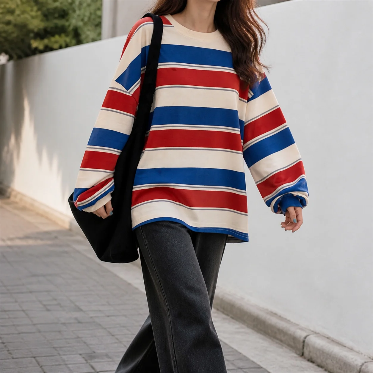 Women's Oversized Striped Blue Round Neck Printed Mid Length Brushed Fabric T Shirt Women T-shirt Woman Blouse Casual Top