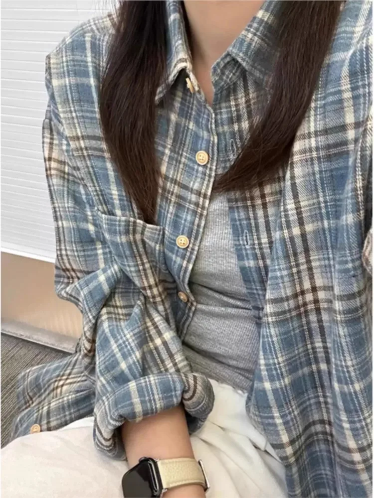 

Women's Clothing Casual Pure Cotton Retro Plaid Cardigan Top New Temperament Shirt Simple Style Contrast All-match Comfortable