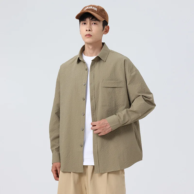 Spring Autumn Thin Casual Long Sleeve Shirts Men Pocket Solid Single Breasted Shirts Coats Casual All-Match Long Sleeve Blouse