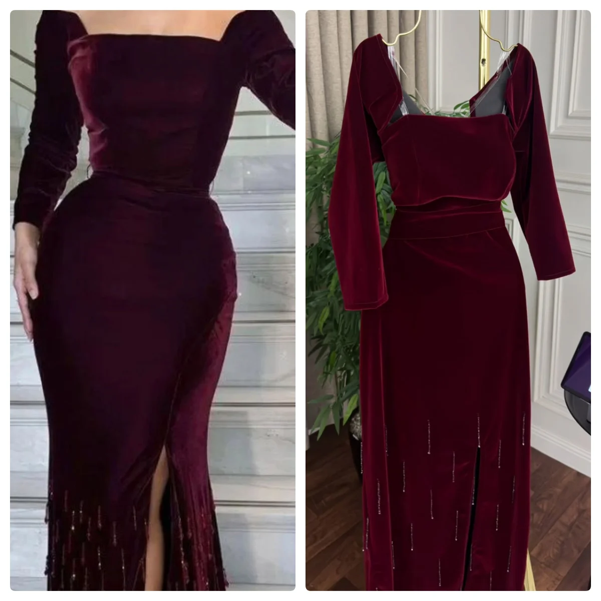 Вечернее платье по индивидуальному заказу. Изысканное бордовое бархатное платье с открытыми плечами и длинными рукавами. Прямые хрустальные платья для особых случаев.