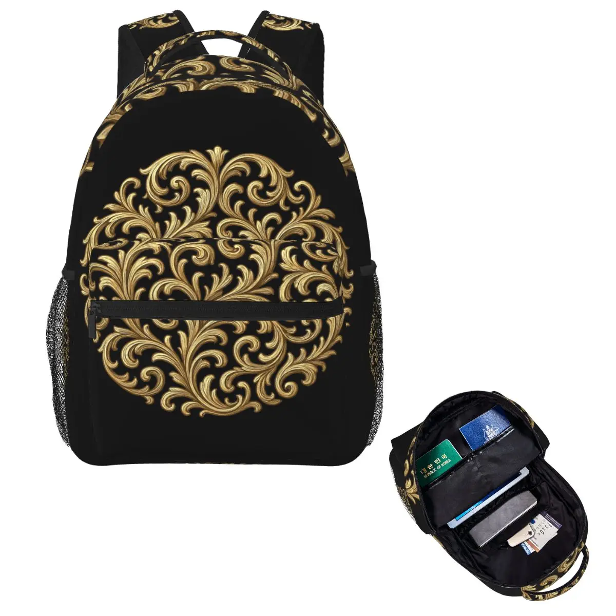 Gold Baroque Filigree Victorian Gothic Ornament Student Backpack School Bag Hiking Travel Daypack Fashion Bookbag Shoulder Bags
